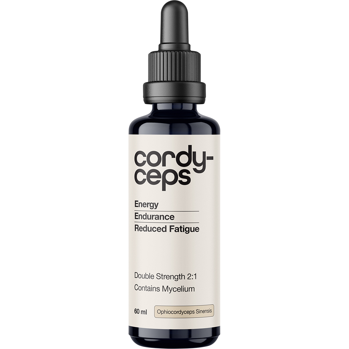 60ml Miron glass bottle of Switch Nutrition Cordyceps 2:1 Mushroom Liquid Extract with a black dropper cap.
