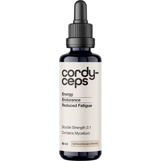 60ml Miron glass bottle of Switch Nutrition Cordyceps 2:1 Mushroom Liquid Extract with a black dropper cap.