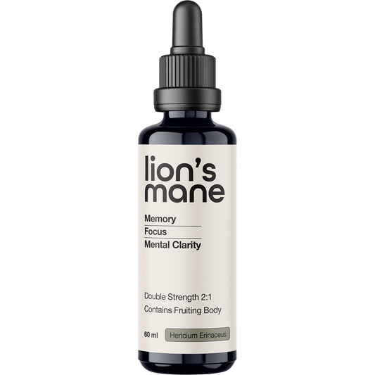 60ml bottle of Switch Nutrition Lion's Mane 2:1 Liquid Extract with a black dropper and purple label.