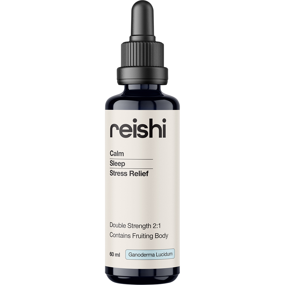 60ml amber glass bottle of Switch Nutrition Reishi Double Strength 2:1 Mushroom Liquid Extract with a black dropper cap.