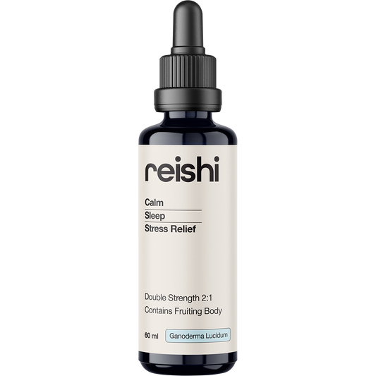 60ml amber glass bottle of Switch Nutrition Reishi Double Strength 2:1 Mushroom Liquid Extract with a black dropper cap.