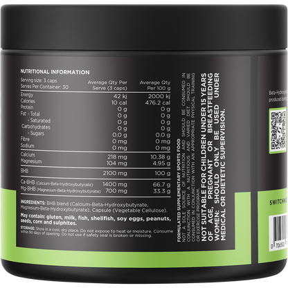 Back of the Switch Nutrition BHB 90 Caps bottle showing ingredients, directions, and nutritional information.