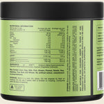 Nutritional information label on a green supplement container with black lid.