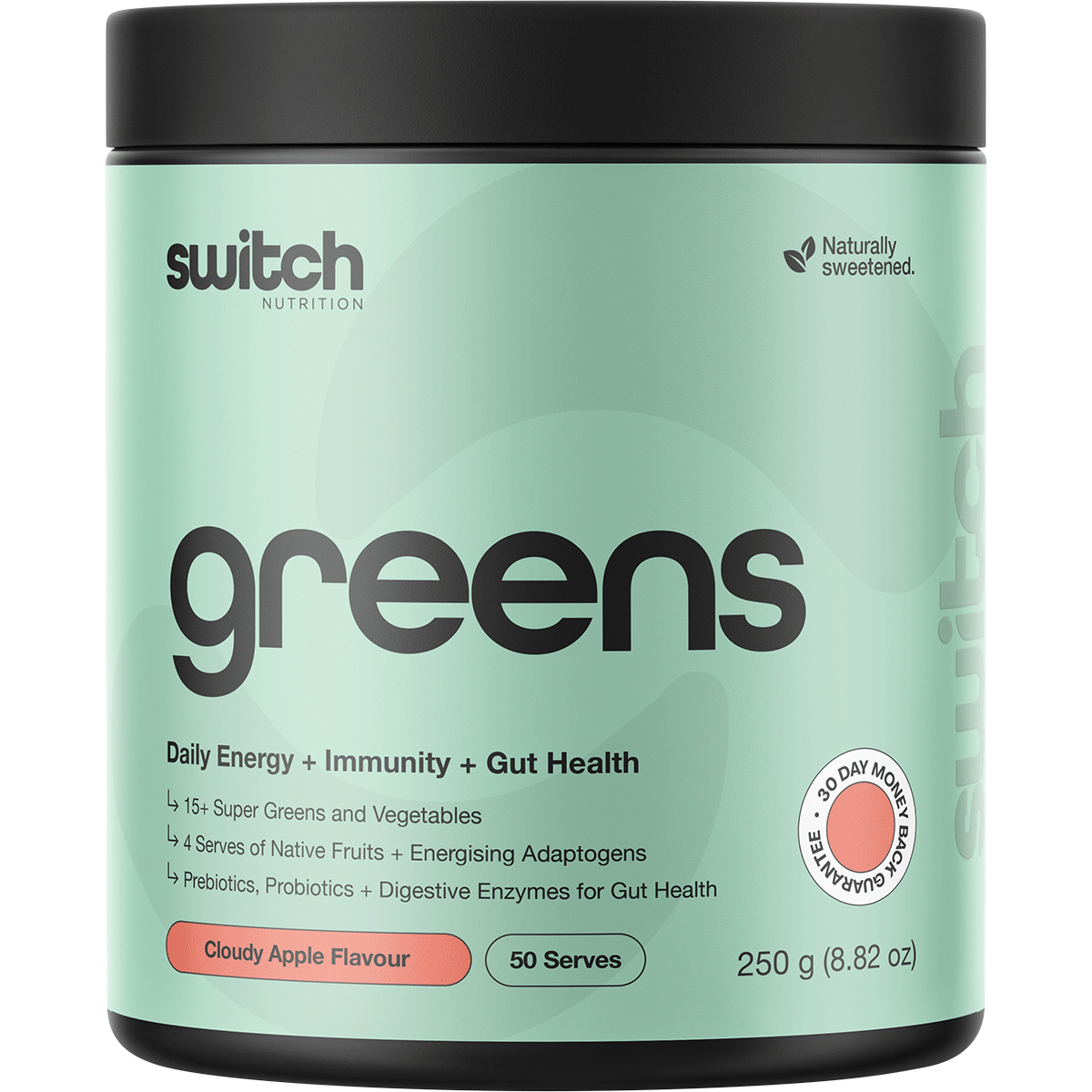 250g tub of Switch Nutrition Greens in Cloudy Apple flavor, a superfood powder for energy, immunity, and gut health.