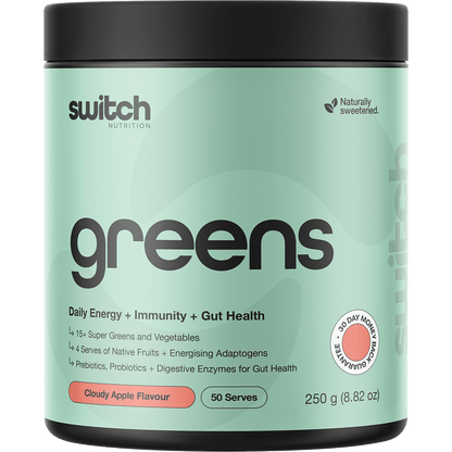 250g tub of Switch Nutrition Greens in Cloudy Apple flavor, a superfood powder for energy, immunity, and gut health.