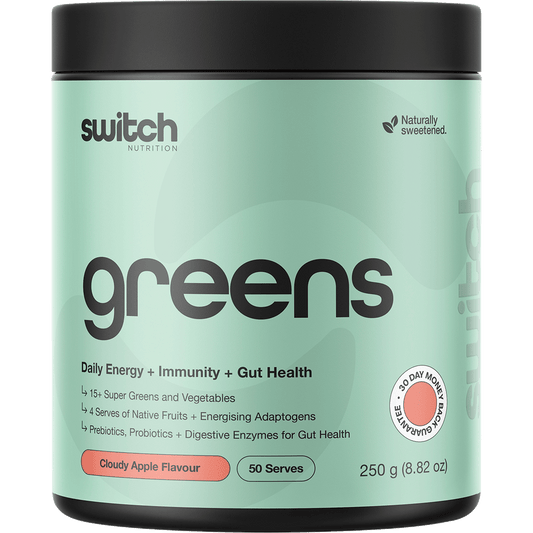 250g tub of Switch Nutrition Greens in Cloudy Apple flavor, a superfood powder for energy, immunity, and gut health.