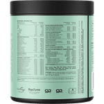 Back of Switch Nutrition Greens Cloudy Apple 250g tub showing nutritional information and ingredients on a white background.