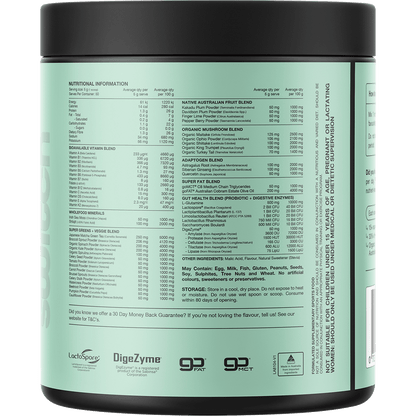 Back of Switch Nutrition Greens Cloudy Apple 250g tub showing nutritional information and ingredients on a white background.