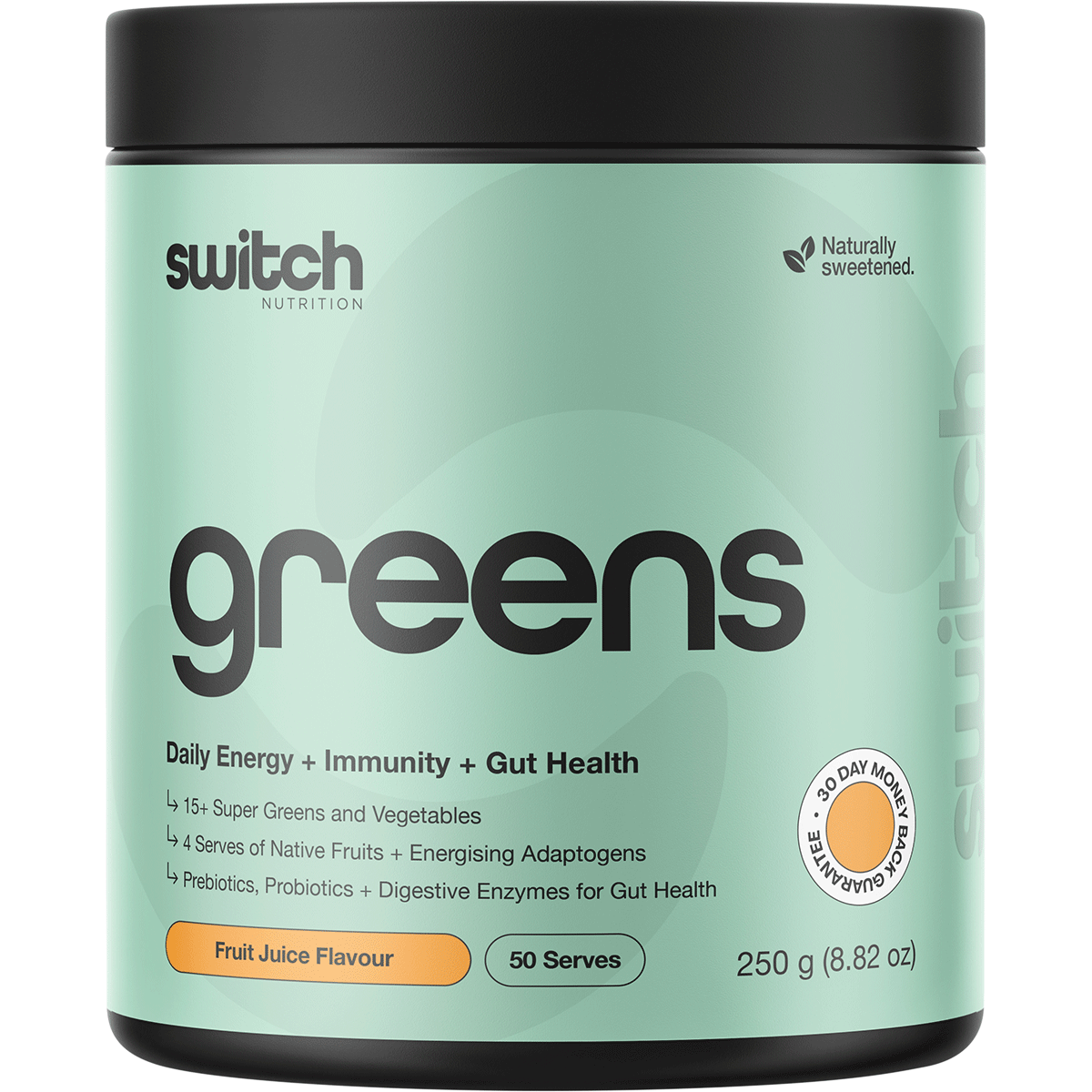 250g tub of Switch Nutrition Greens in Fruit Juice flavour featuring a green label with vibrant fruit illustrations.