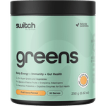 250g tub of Switch Nutrition Greens in Fruit Juice flavour featuring a green label with vibrant fruit illustrations.