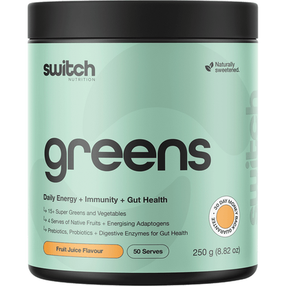 250g tub of Switch Nutrition Greens in Fruit Juice flavour featuring a green label with vibrant fruit illustrations.