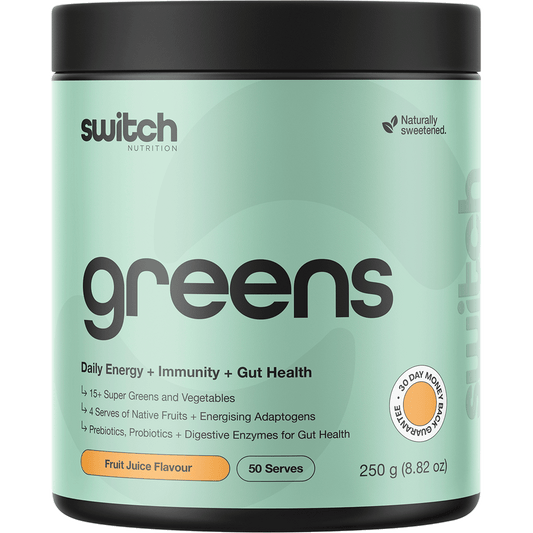 250g tub of Switch Nutrition Greens in Fruit Juice flavour featuring a green label with vibrant fruit illustrations.