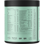Back of Switch Nutrition Greens Fruit Juice 250g tub showing nutritional information and ingredients on a green label.