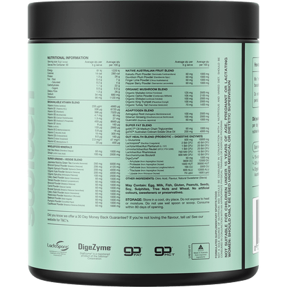Back of Switch Nutrition Greens Fruit Juice 250g tub showing nutritional information and ingredients on a green label.
