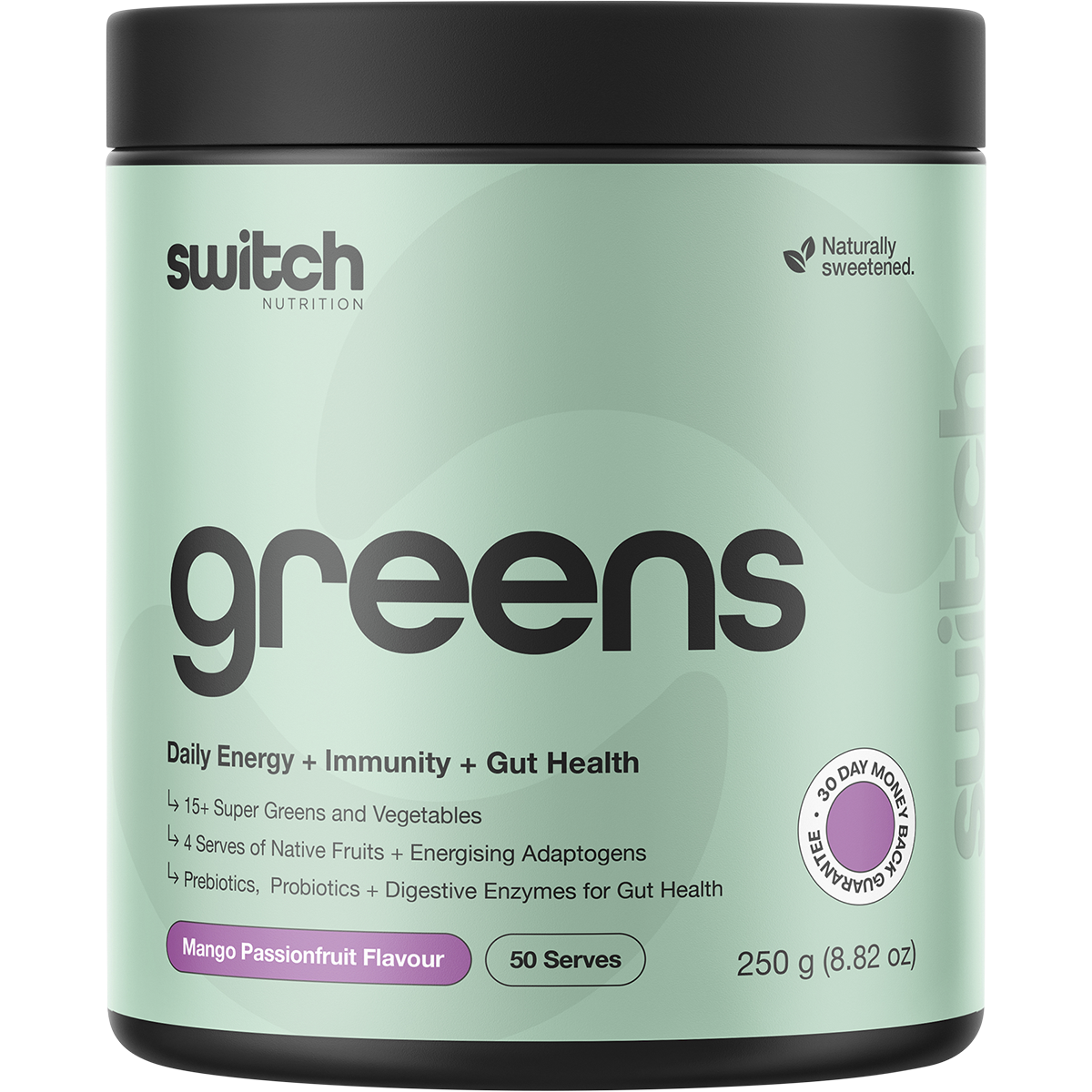250g tub of Switch Nutrition Greens Mango Passionfruit, an all-in-one revitalising superfood powder with 33 ingredients.