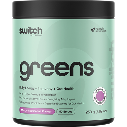 250g tub of Switch Nutrition Greens Mango Passionfruit, an all-in-one revitalising superfood powder with 33 ingredients.