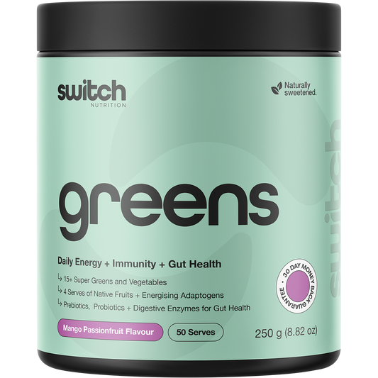 250g tub of Switch Nutrition Greens Mango Passionfruit, an all-in-one revitalising superfood powder with 33 ingredients.