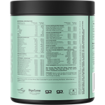 Back of Switch Nutrition Greens Mango Passionfruit 250g tub showing nutritional information and ingredients.
