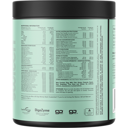 Back of Switch Nutrition Greens Mango Passionfruit 250g tub showing nutritional information and ingredients.