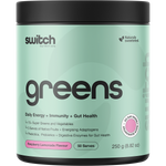 250g tub of Switch Nutrition Greens Raspberry Lemonade with a pink label featuring botanical illustrations.