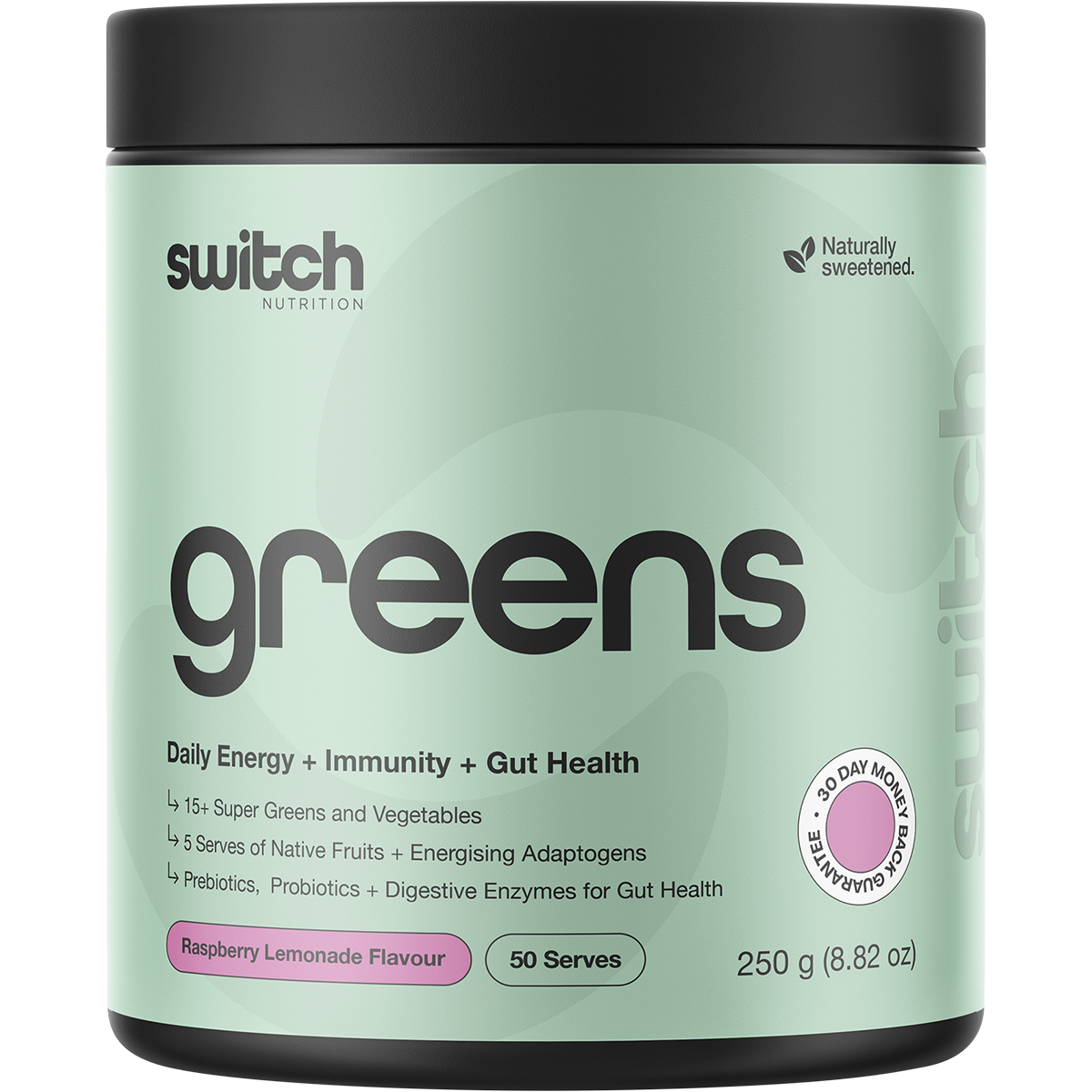 250g tub of Switch Nutrition Greens Raspberry Lemonade with a pink label featuring botanical illustrations.