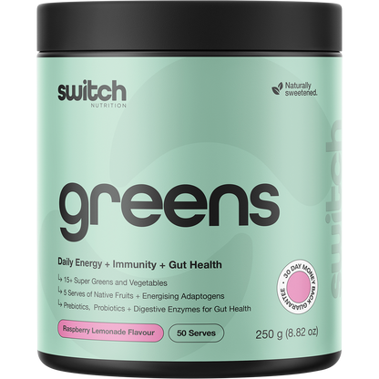 250g tub of Switch Nutrition Greens Raspberry Lemonade with a pink label featuring botanical illustrations.