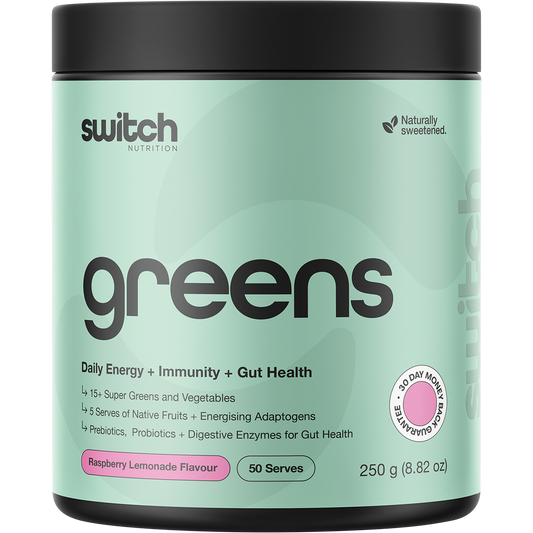 250g tub of Switch Nutrition Greens Raspberry Lemonade with a pink label featuring botanical illustrations.