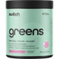 250g tub of Switch Nutrition Greens Raspberry Lemonade with a pink label featuring botanical illustrations.