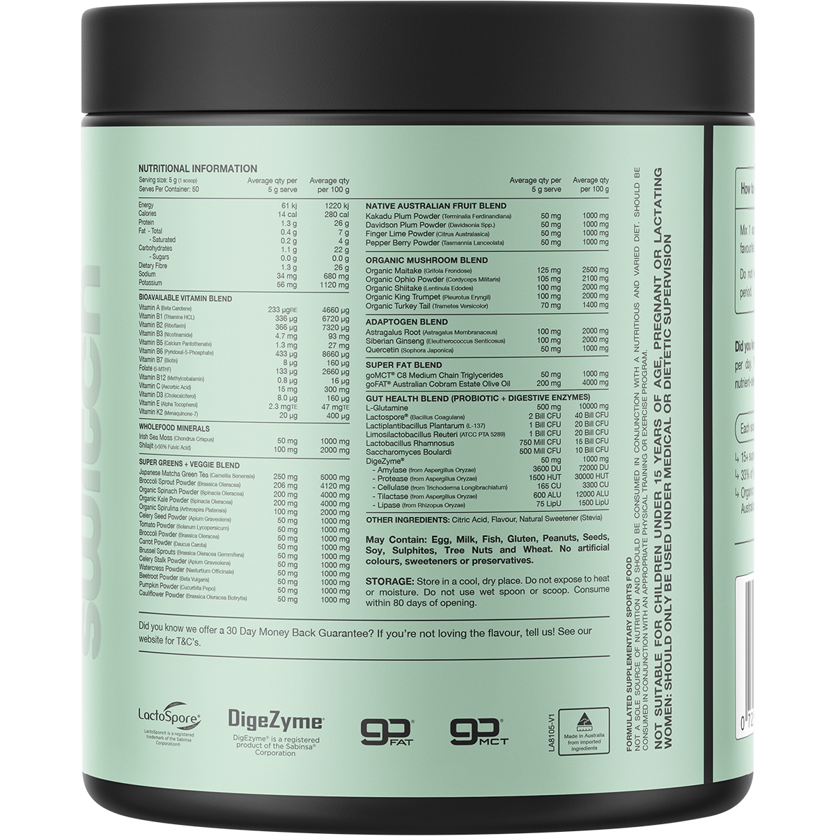 Back view of Switch Nutrition Greens Raspberry Lemonade 250g tub showing nutritional information and ingredients.