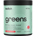 250g tub of Switch Nutrition Greens Strawberry Kiwi superfood powder with a green and white label.