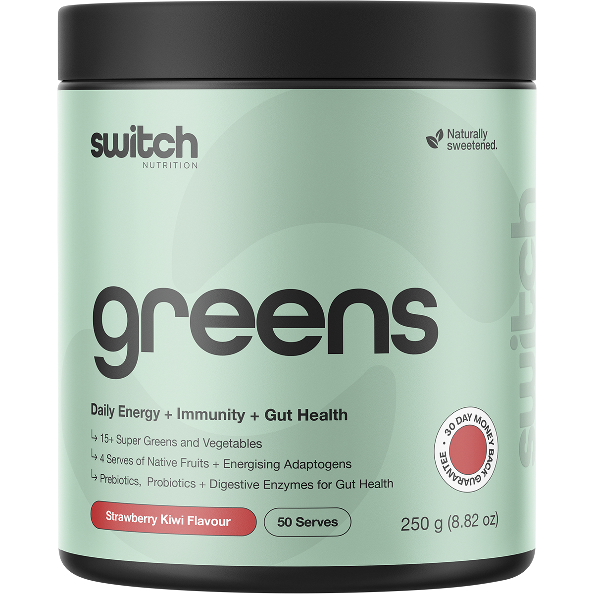 250g tub of Switch Nutrition Greens Strawberry Kiwi superfood powder with a green and white label.
