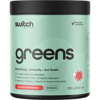 250g tub of Switch Nutrition Greens Strawberry Kiwi superfood powder with a green and white label.