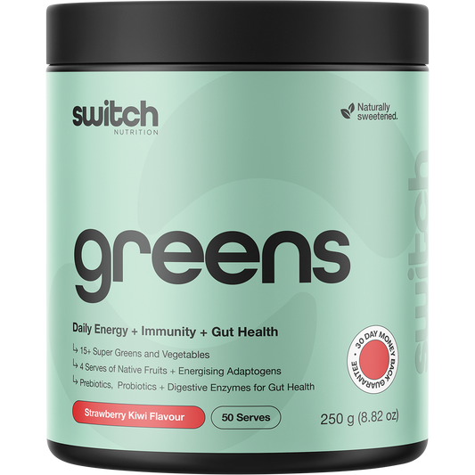 250g tub of Switch Nutrition Greens Strawberry Kiwi superfood powder with a green and white label.