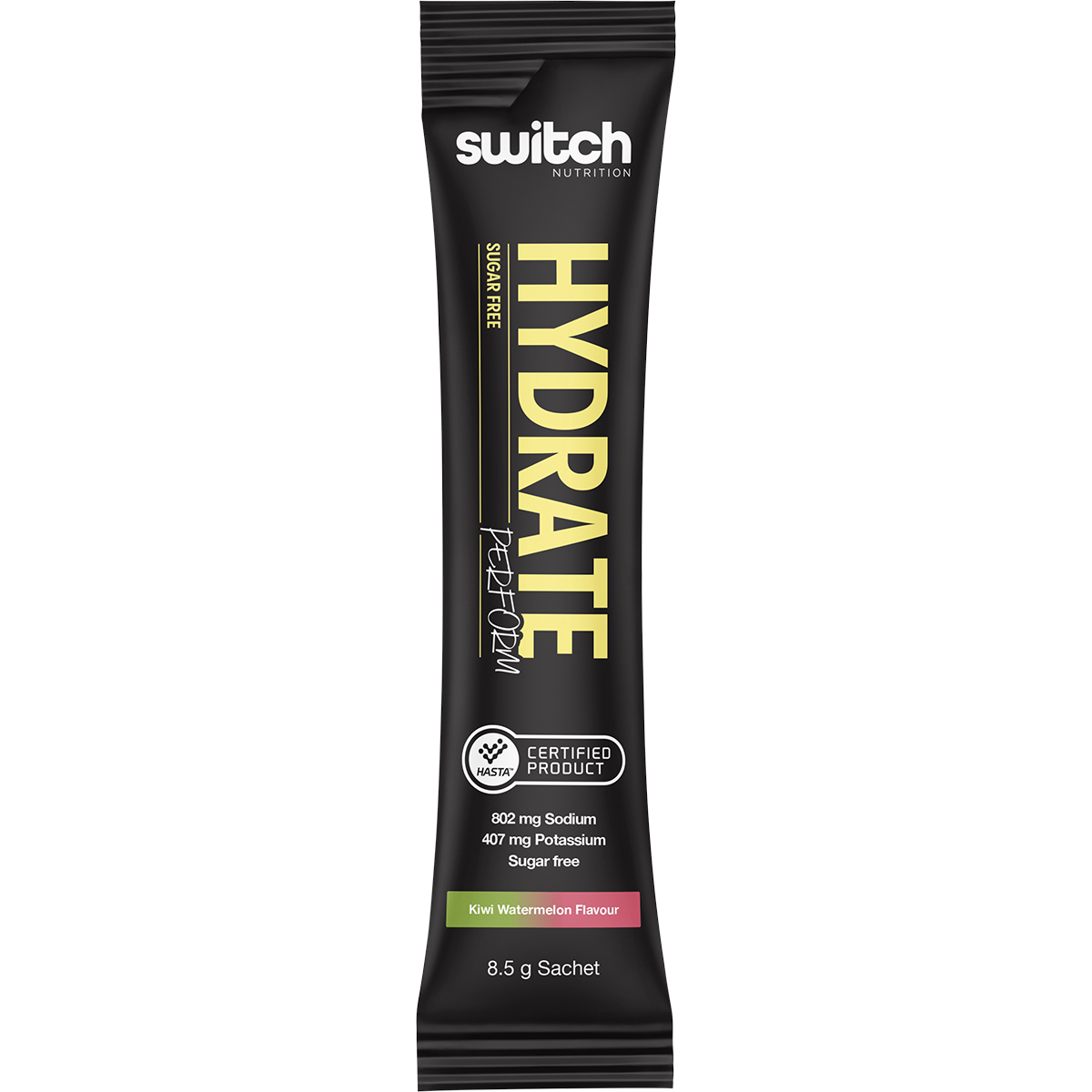 Side view of a Kiwi Watermelon Switch Nutrition Perform Hydrate box showing key benefits and a sugar-free label.