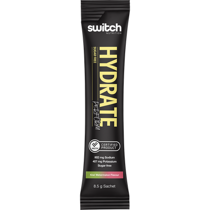 Side view of a Kiwi Watermelon Switch Nutrition Perform Hydrate box showing key benefits and a sugar-free label.