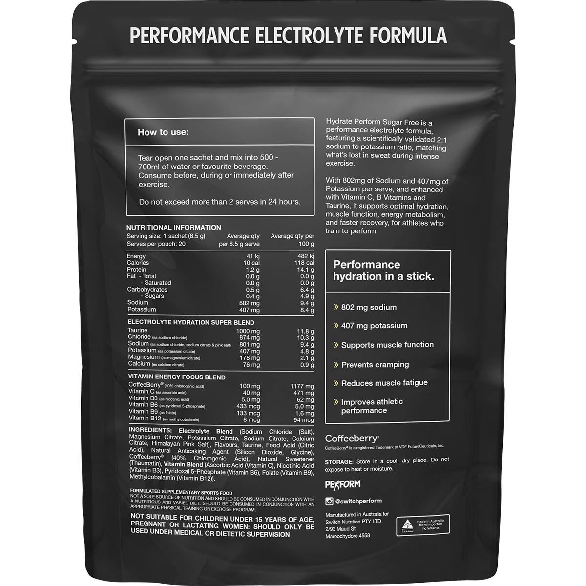 Switch Nutrition Perform Hydrate Sugar Free Kiwi Watermelon 20x8.5g