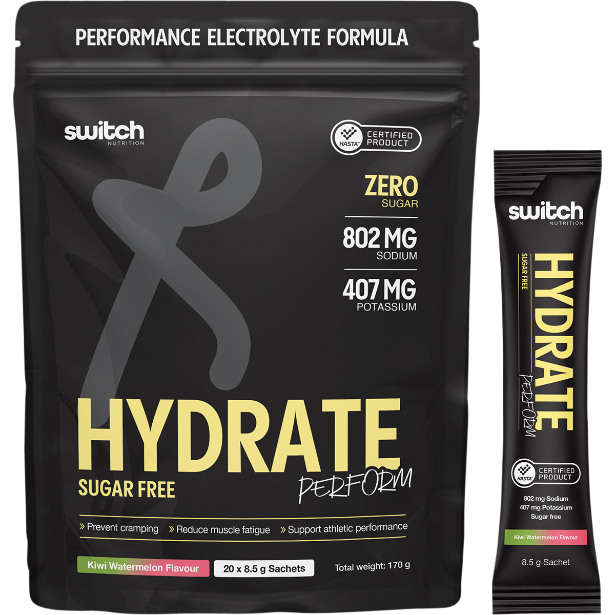 Box of 20 Kiwi Watermelon Switch Nutrition Perform Hydrate sachets with one sachet displayed in front.