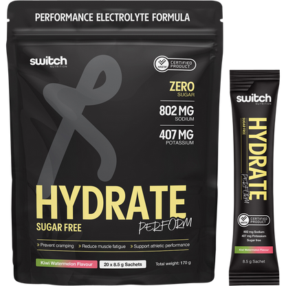 Box of 20 Kiwi Watermelon Switch Nutrition Perform Hydrate sachets with one sachet displayed in front.