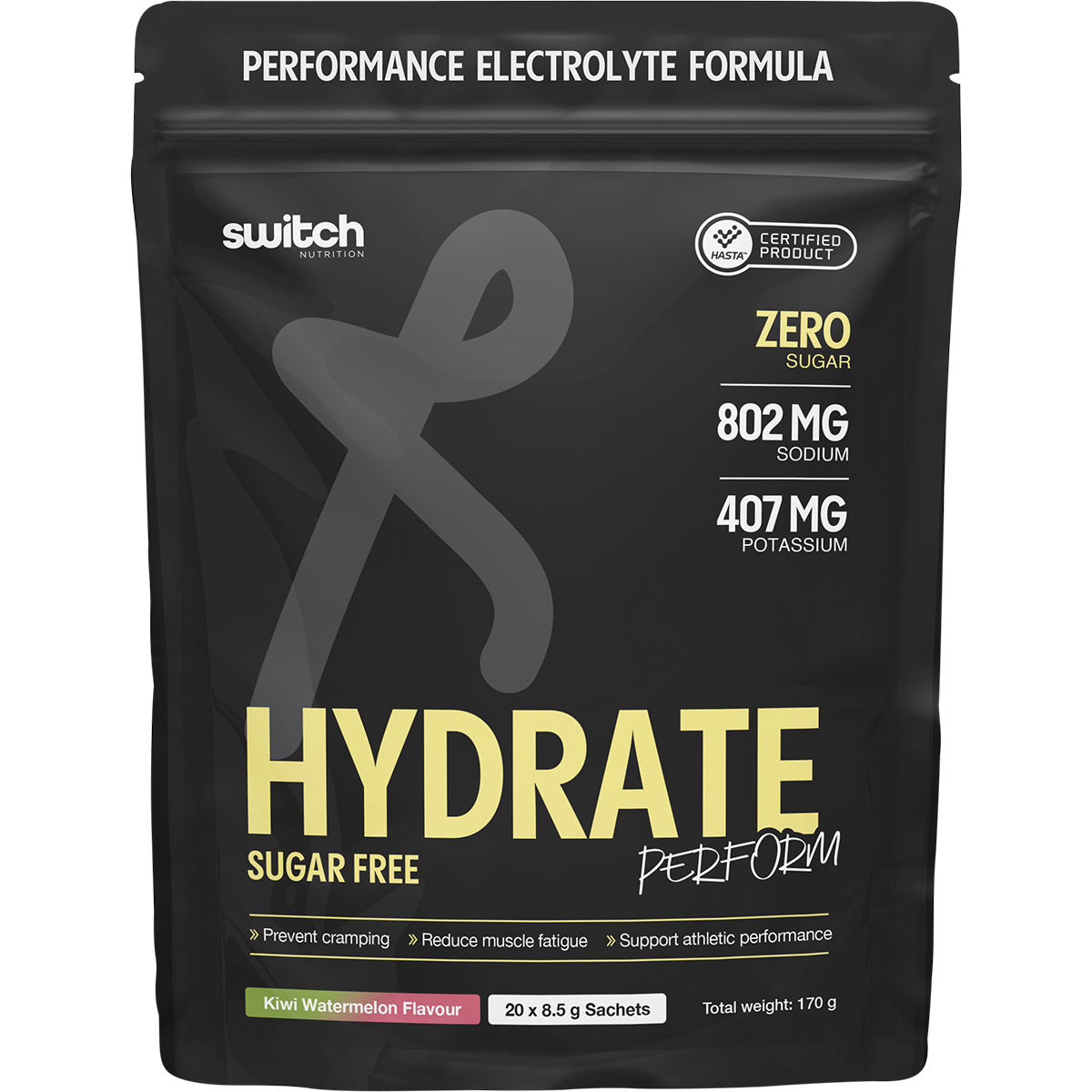Single Switch Nutrition Perform Hydrate Kiwi Watermelon sachet on a white background.