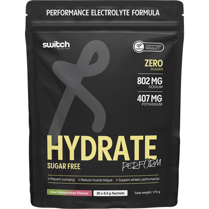 Single Switch Nutrition Perform Hydrate Kiwi Watermelon sachet on a white background.