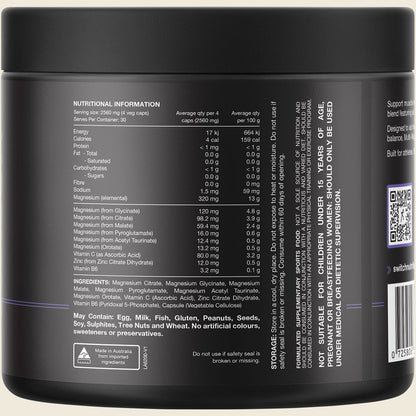 Back label of Switch Nutrition Multi-Mag Perform 120 capsules showing nutritional information and directions for use.