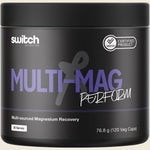 120 capsules of Switch Nutrition Multi-Mag Perform in a white bottle with a blue and black label.