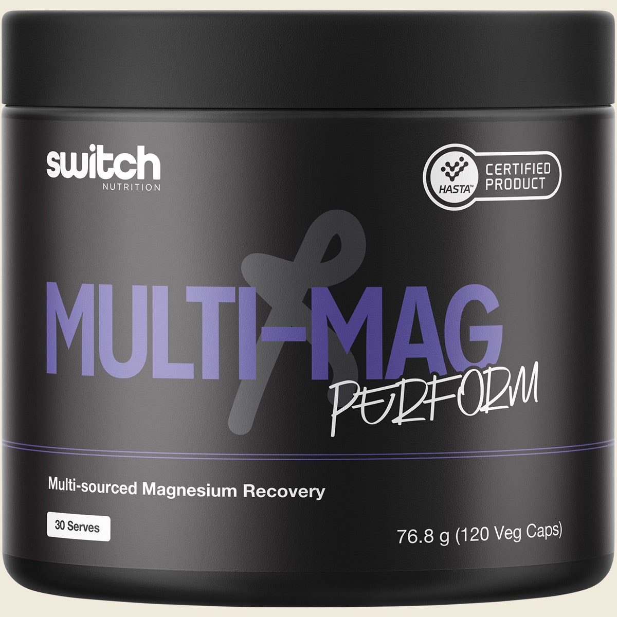 120 capsules of Switch Nutrition Multi-Mag Perform in a white bottle with a blue and black label.