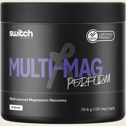 120 capsules of Switch Nutrition Multi-Mag Perform in a white bottle with a blue and black label.