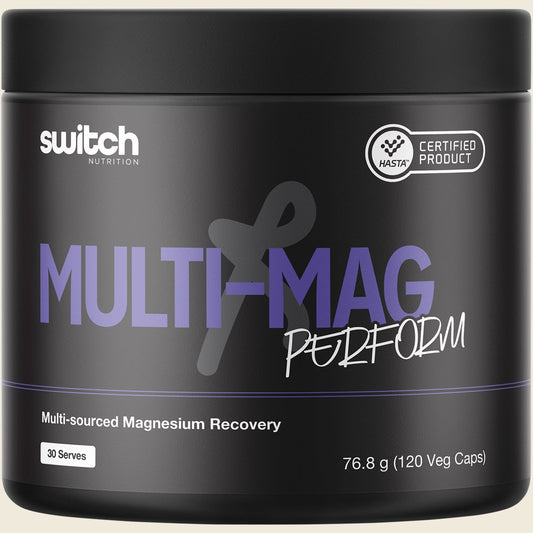 120 capsules of Switch Nutrition Multi-Mag Perform in a white bottle with a blue and black label.