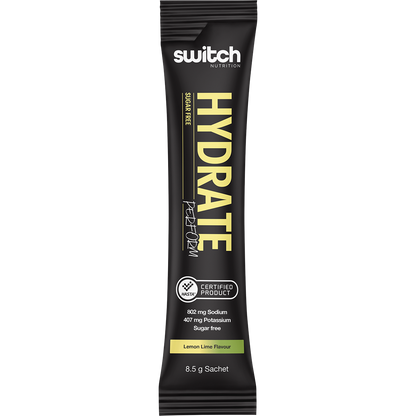 Side of Switch Nutrition Hydrate Perform Lemon Lime box showing key features and 2:1 sodium to potassium ratio.