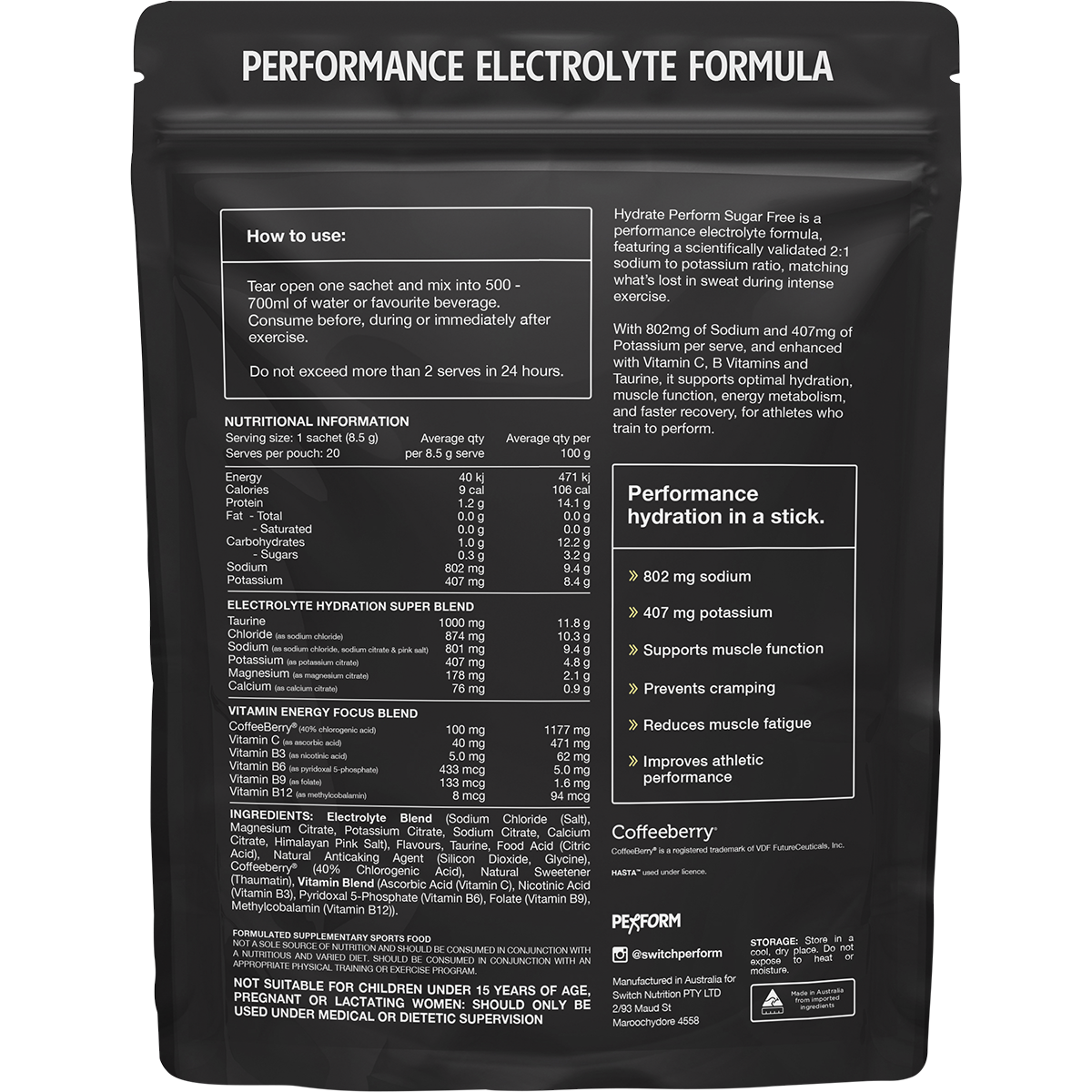 Back of Switch Nutrition Hydrate Perform Lemon Lime box showing nutrition facts, ingredients, and directions.
