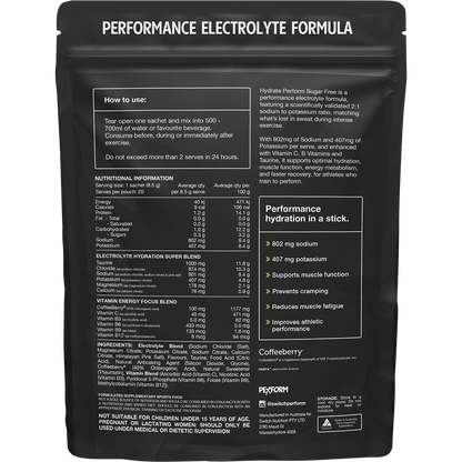 Back of Switch Nutrition Hydrate Perform Lemon Lime box showing nutrition facts, ingredients, and directions.