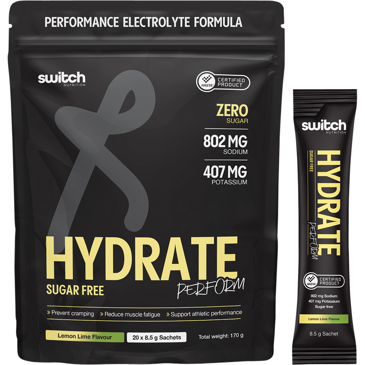 Box of 20 lemon lime Switch Nutrition Hydrate Perform sugar-free sachets with a single sachet and hydration icons.