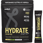 Box of 20 lemon lime Switch Nutrition Hydrate Perform sugar-free sachets with a single sachet and hydration icons.